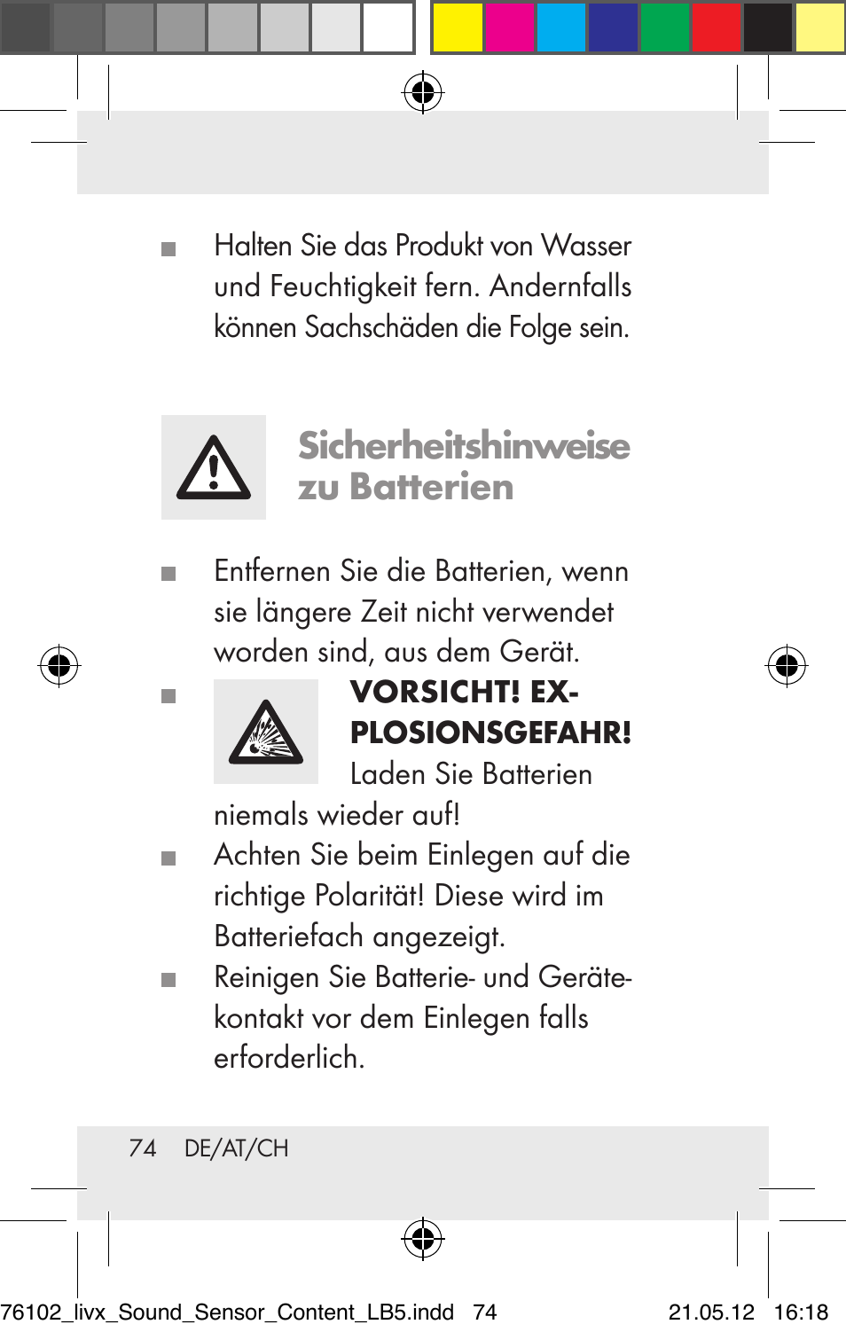 Sicherheitshinweise zu batterien | Livarno Z30425A Z30425B User Manual | Page 74 / 84