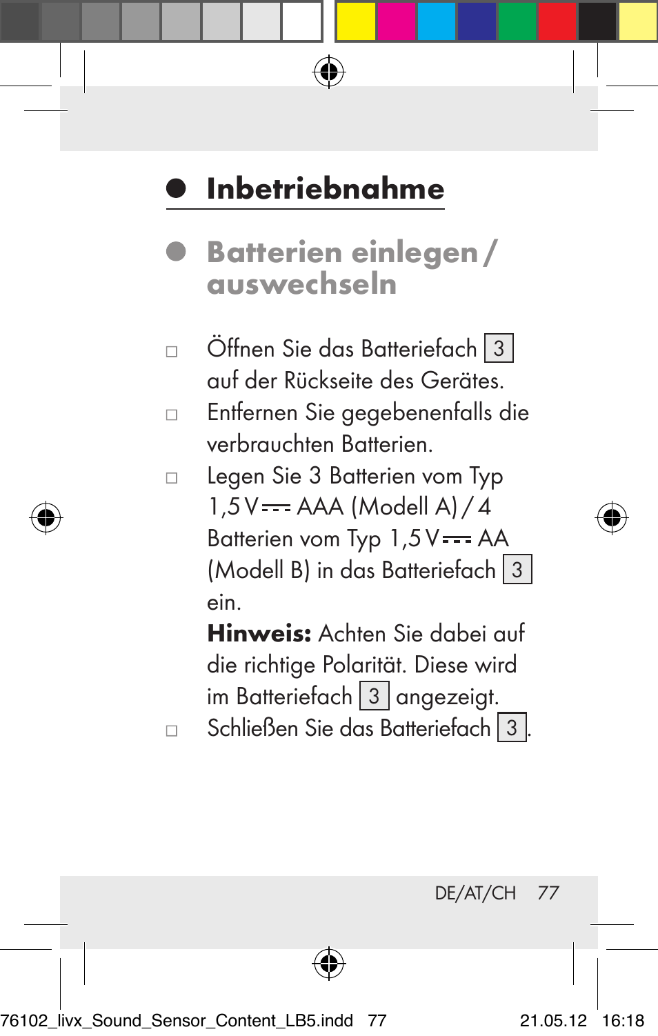 Inbetriebnahme batterien einlegen / auswechseln | Livarno Z30425A Z30425B User Manual | Page 77 / 84