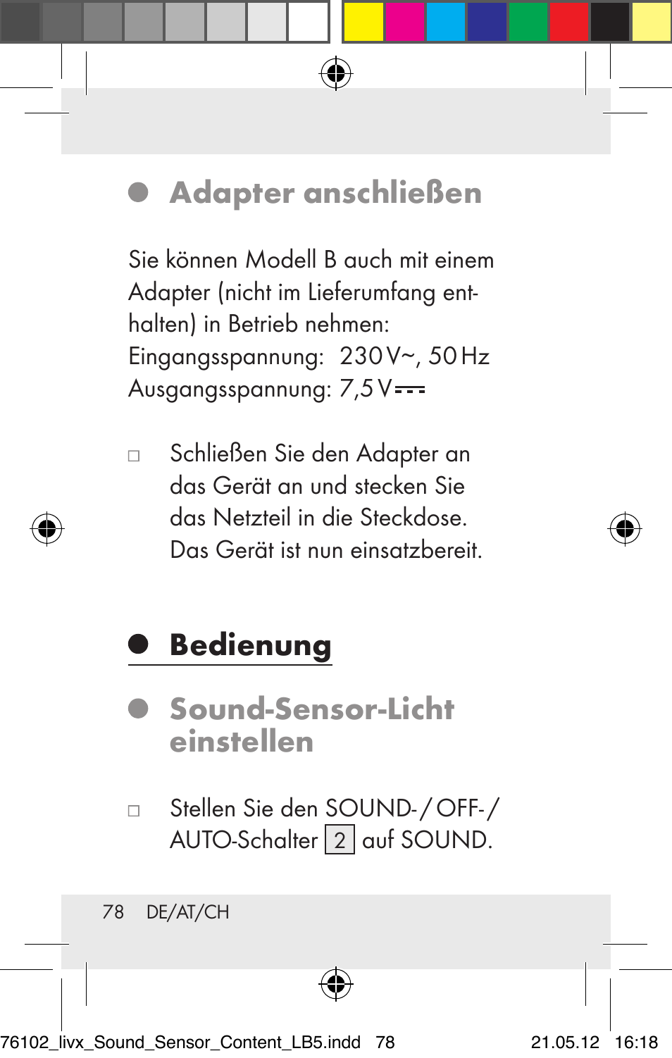 Adapter anschließen, Bedienung sound-sensor-licht einstellen | Livarno Z30425A Z30425B User Manual | Page 78 / 84