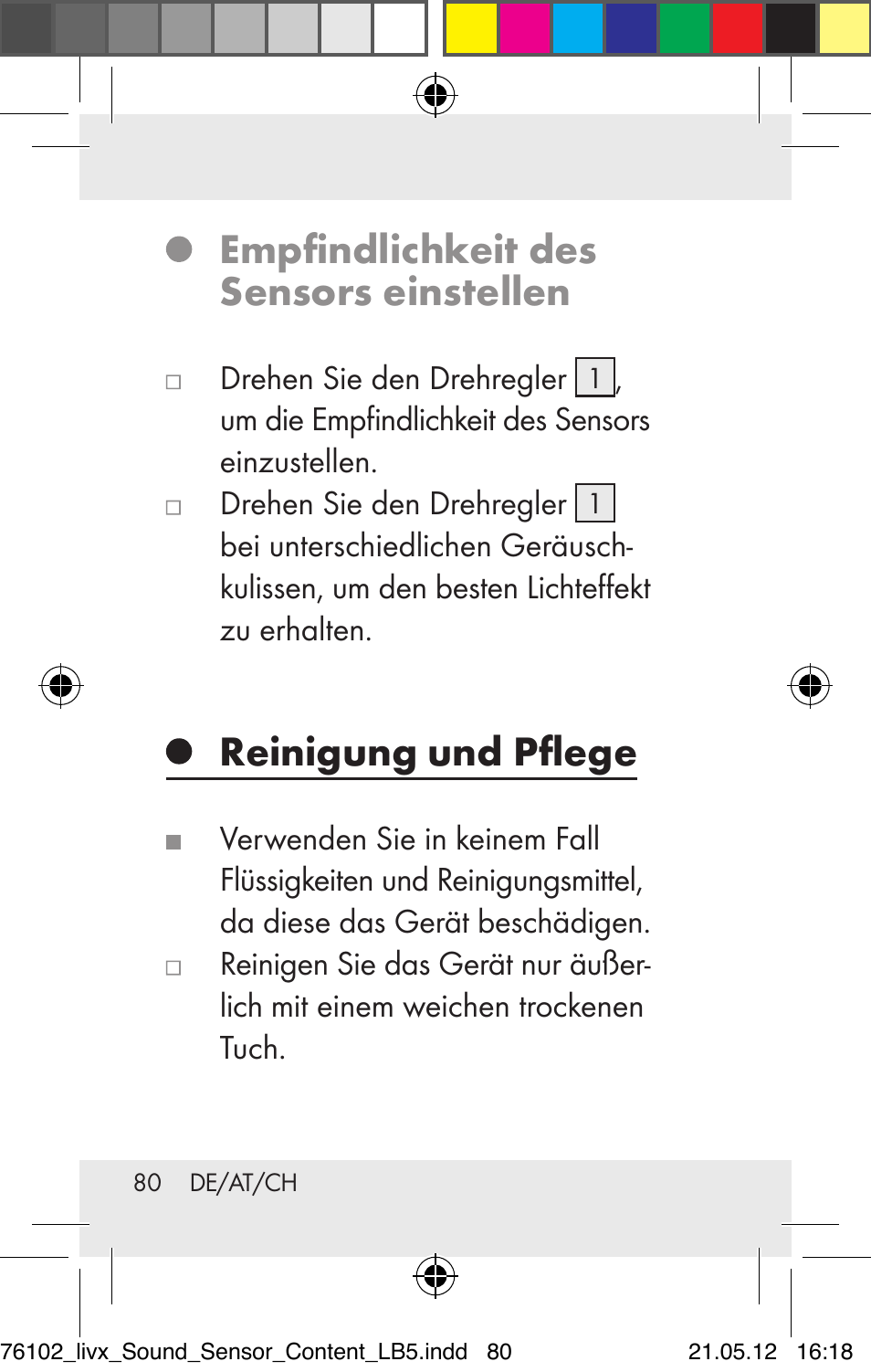 Empfindlichkeit des sensors einstellen, Reinigung und pflege | Livarno Z30425A Z30425B User Manual | Page 80 / 84