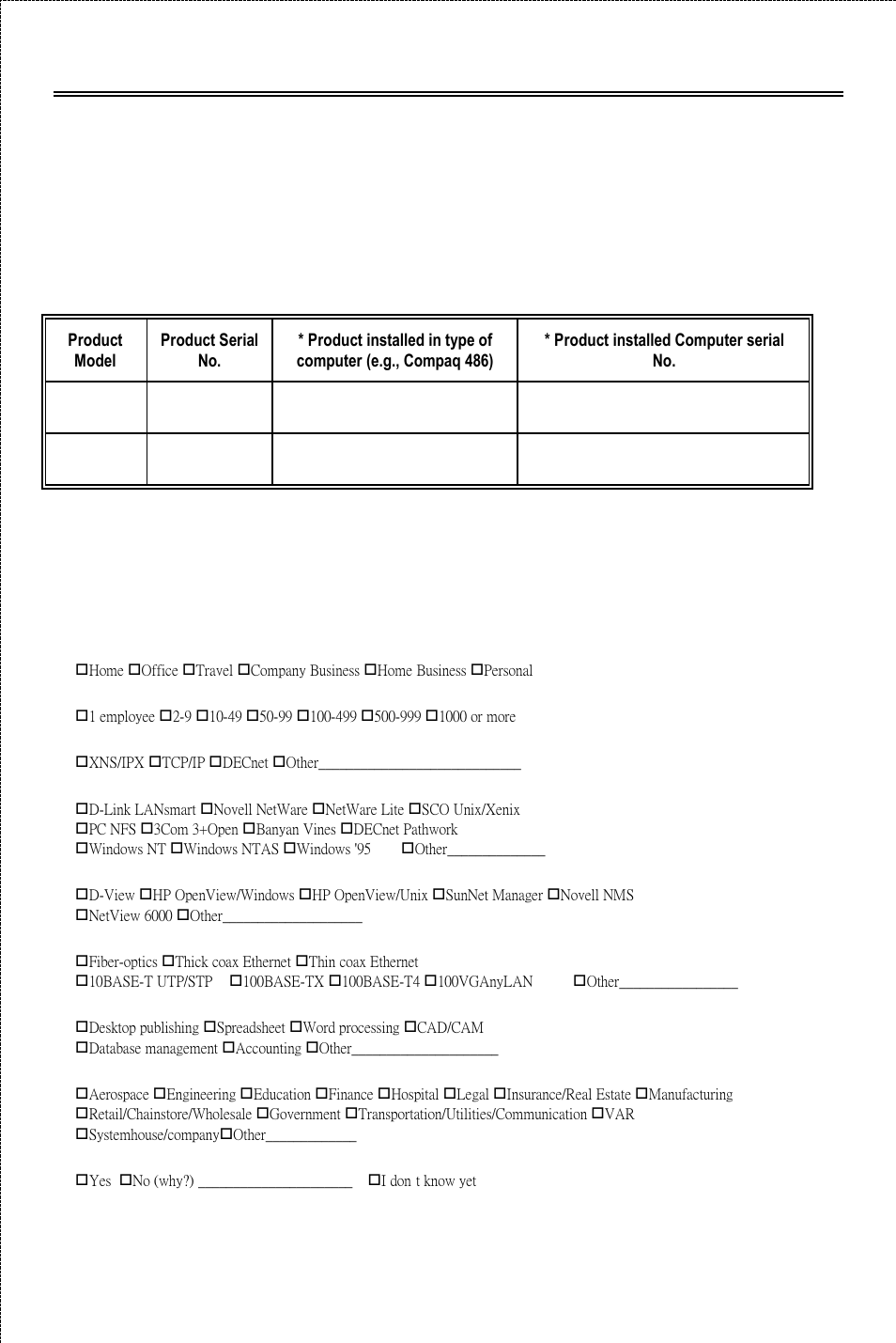 Registration server card | D-Link DFE-570TX User Manual | Page 22 / 23