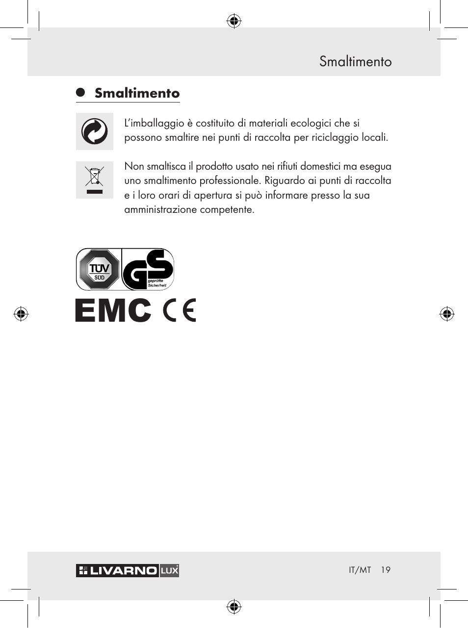 Smaltimento | Livarno Z30652 User Manual | Page 21 / 42