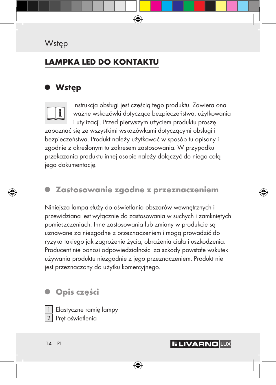 Wstęp, Zastosowanie zgodne z przeznaczeniem, Opis części | Livarno Z30652 User Manual | Page 14 / 57