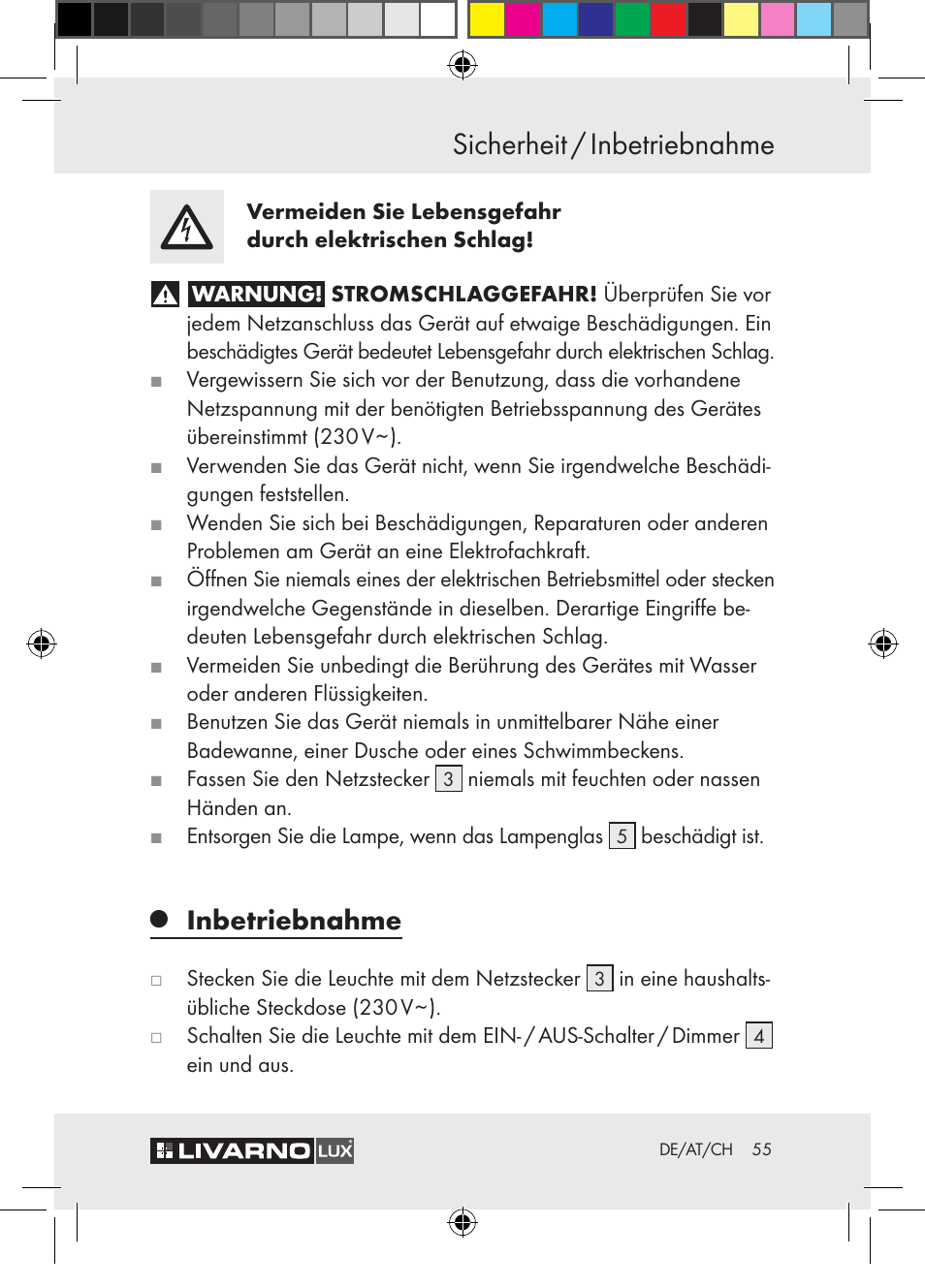 Sicherheit / inbetriebnahme, Inbetriebnahme | Livarno Z30652 User Manual | Page 55 / 57