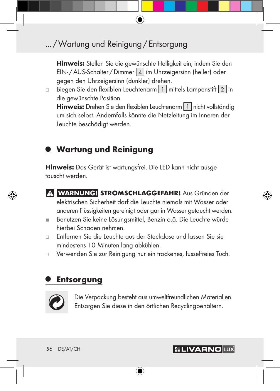 Wartung und reinigung / entsorgung, Wartung und reinigung, Entsorgung | Livarno Z30652 User Manual | Page 56 / 57