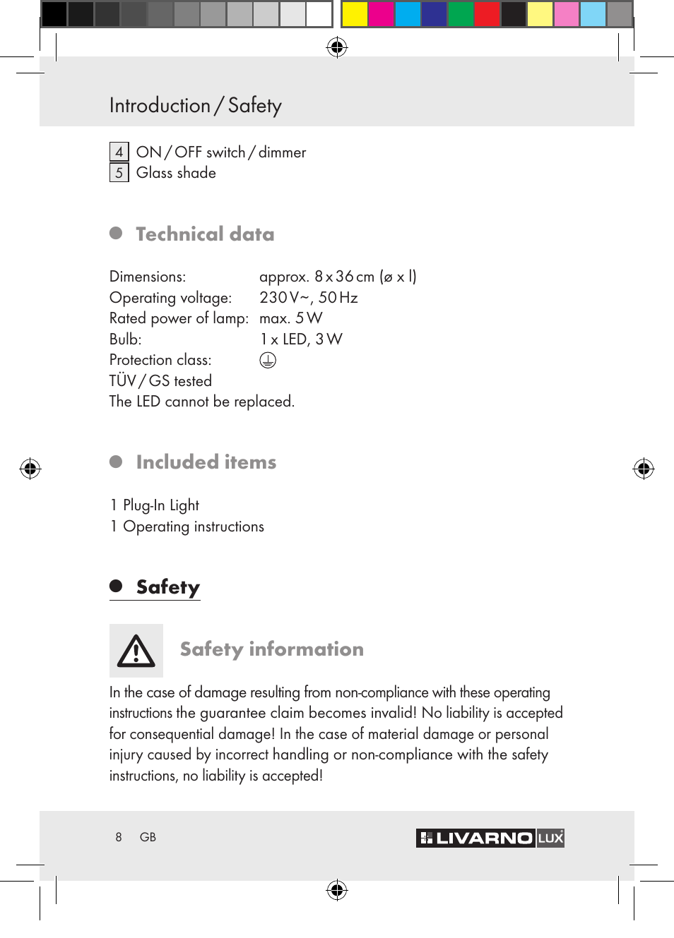 Introduction / safety, Technical data, Included items | Safety safety information | Livarno Z30652 User Manual | Page 8 / 57