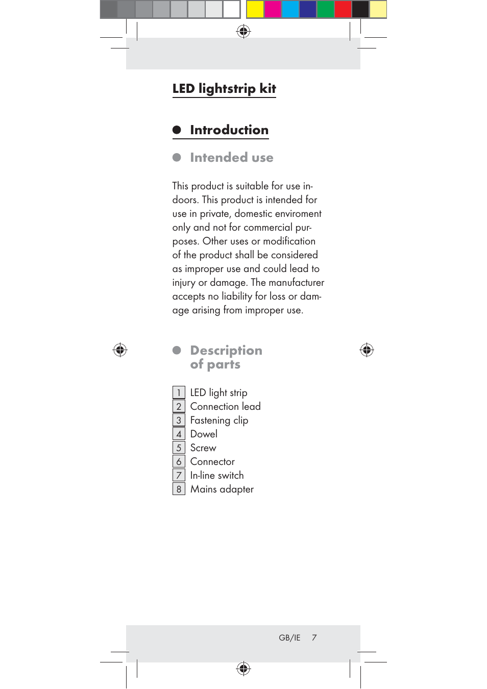 Led lightstrip kit introduction intended use, Description of parts | Livarno Z31289-BS User Manual | Page 7 / 16