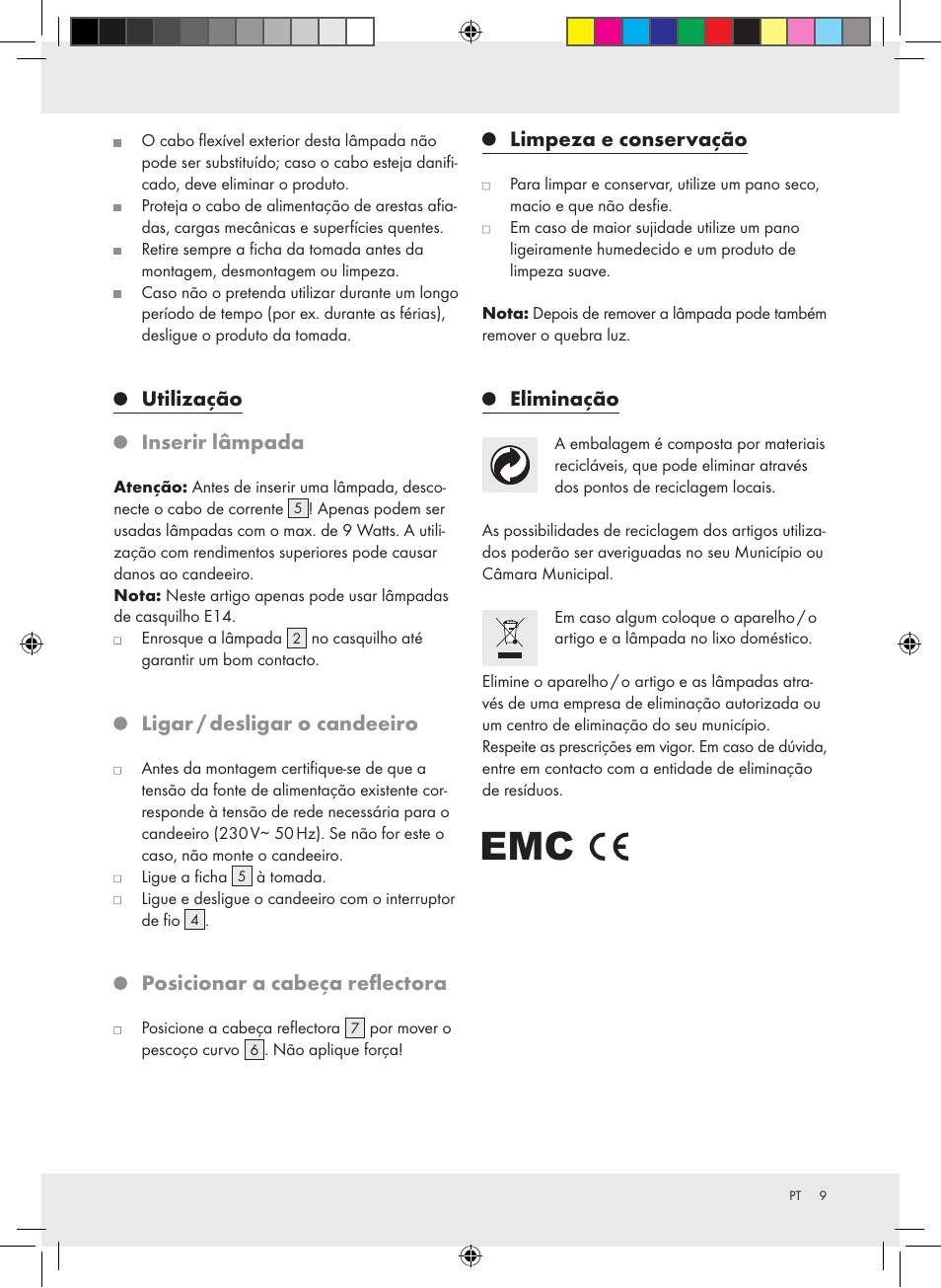 Utilização inserir lâmpada, Ligar / desligar o candeeiro, Posicionar a cabeça reflectora | Limpeza e conservação, Eliminação | Livarno Z31218A-BS Z31218B-BS Z31218C-BS User Manual | Page 9 / 14