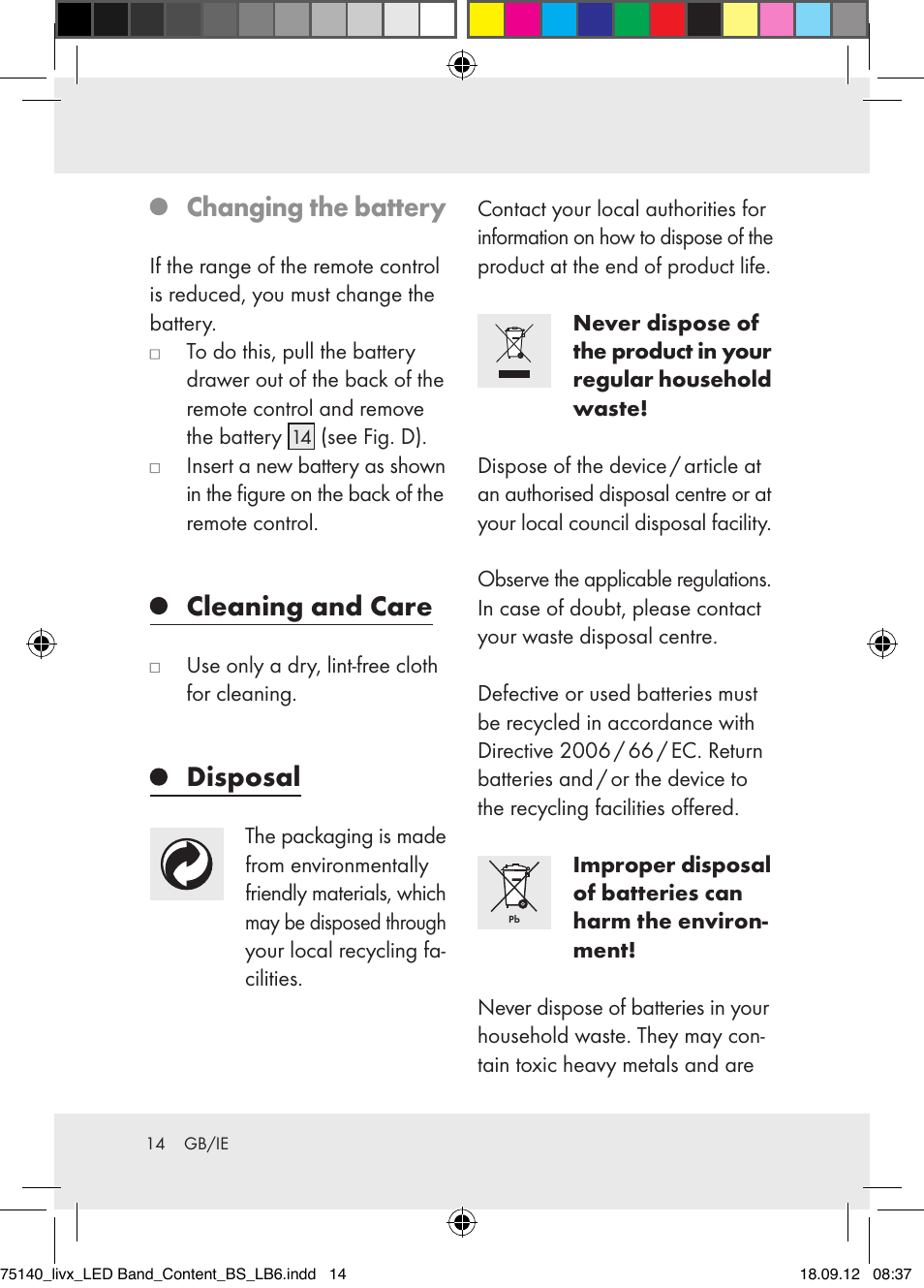 Changing the battery, Cleaning and care, Disposal | Livarno Z31228-BS User Manual | Page 14 / 16