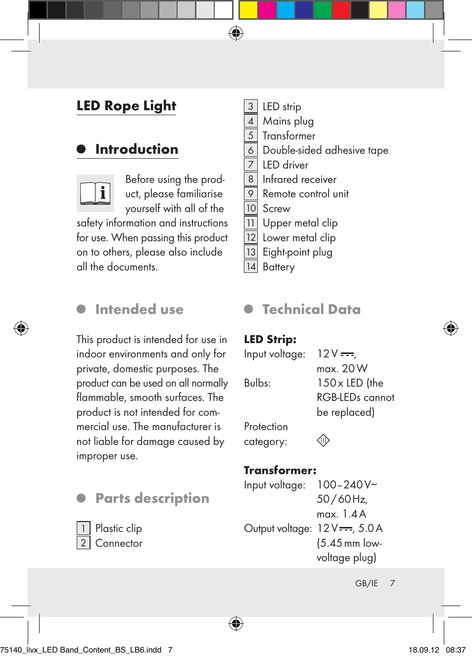 Led rope light introduction, Intended use, Parts description | Technical data | Livarno Z31228-BS User Manual | Page 7 / 16