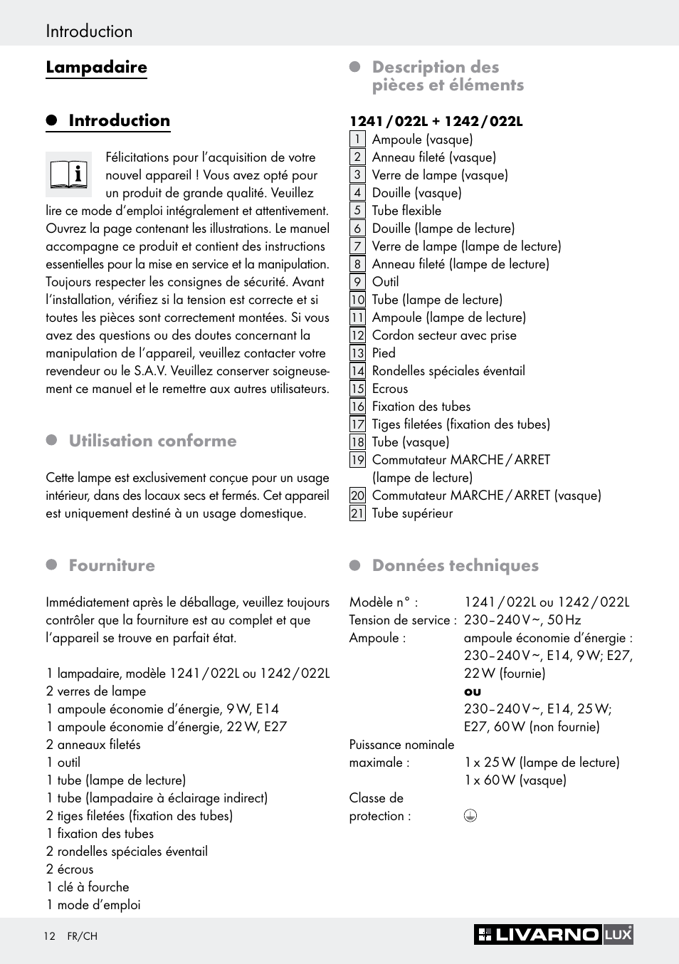 Introduction, Utilisation conforme, Fourniture | Description des pièces et éléments, Données techniques, Sécurité introduction, Lampadaire introduction | Livarno 1242/022L User Manual | Page 12 / 29