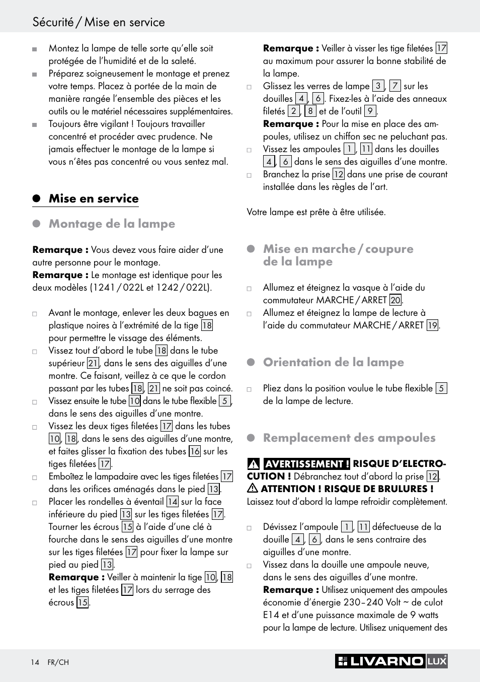 Mise en service, Montage de la lampe, Mise en marche / coupure de la lampe | Orientation de la lampe, Remplacement des ampoules, Mise en service montage de la lampe | Livarno 1242/022L User Manual | Page 14 / 29
