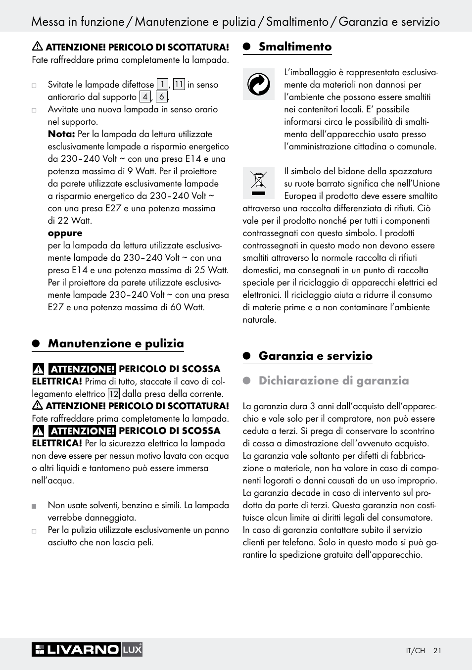 Manutenzione e pulizia, Smaltimento, Garanzia e servizio | Dichiarazione di garanzia, Garanzia e servizio dichiarazione di garanzia | Livarno 1242/022L User Manual | Page 21 / 29