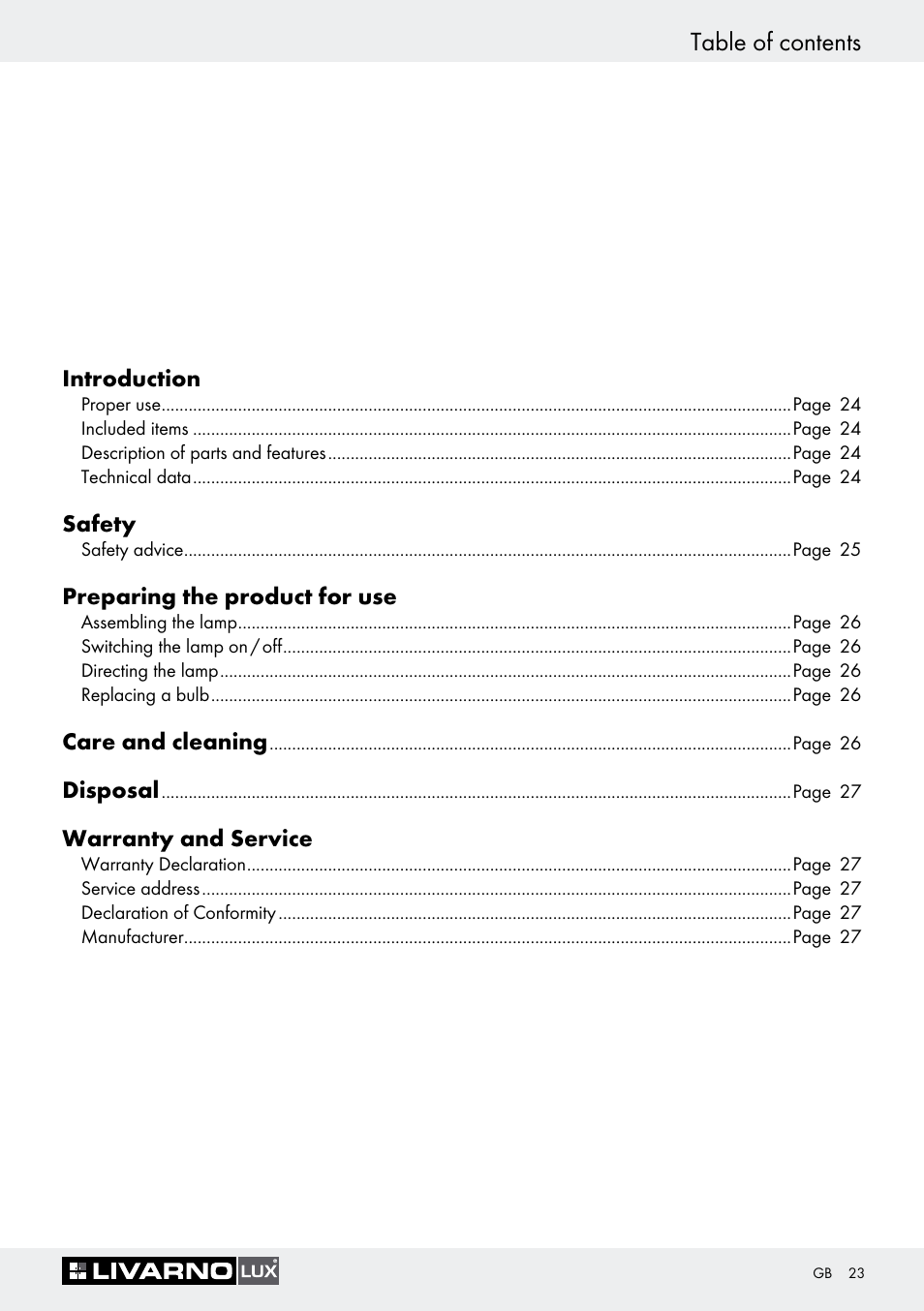 Garanzia e servizio table of contents | Livarno 1242/022L User Manual | Page 23 / 29