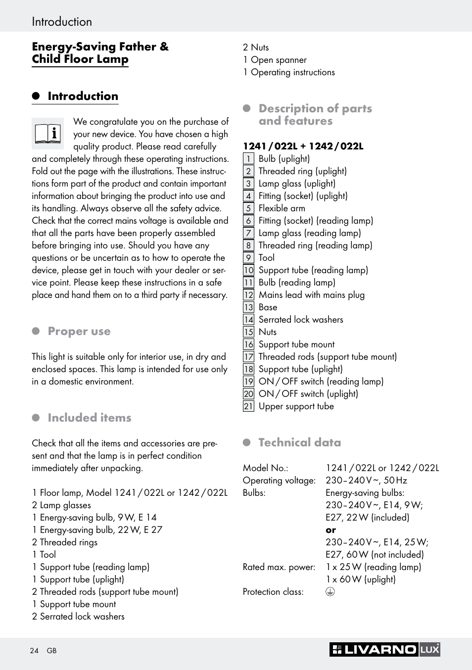 Introduction, Proper use, Included items | Description of parts and features, Technical data | Livarno 1242/022L User Manual | Page 24 / 29