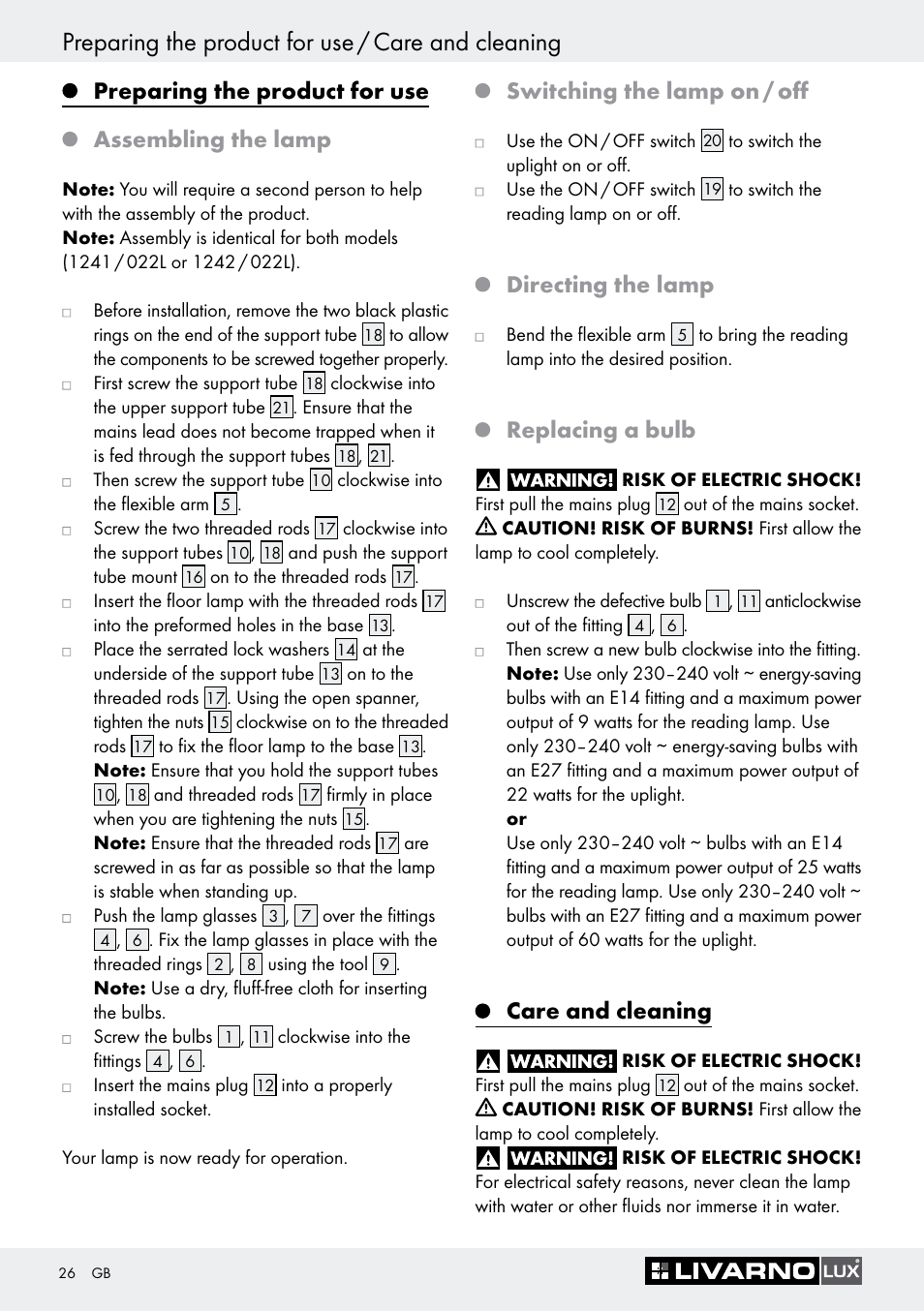 Preparing the product for use, Assembling the lamp, Switching the lamp on / off | Directing the lamp, Replacing a bulb, Care and cleaning, Preparing the product for use / care and cleaning, Preparing the product for use assembling the lamp | Livarno 1242/022L User Manual | Page 26 / 29