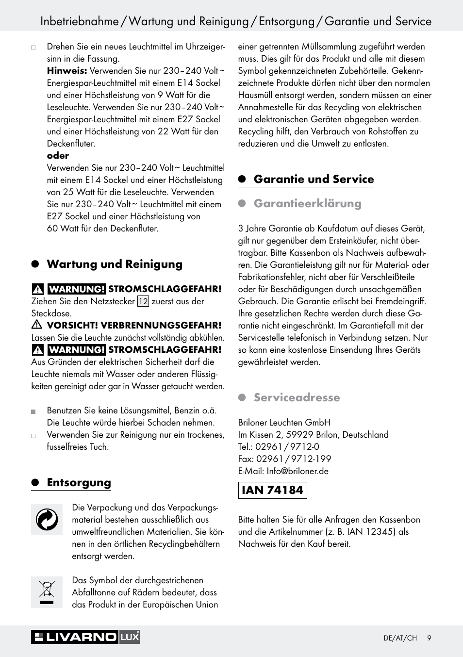 Wartung und reinigung, Entsorgung, Garantie und service | Garantieerklärung, Serviceadresse, Seite 9, Garantie und service garantieerklärung | Livarno 1242/022L User Manual | Page 9 / 29