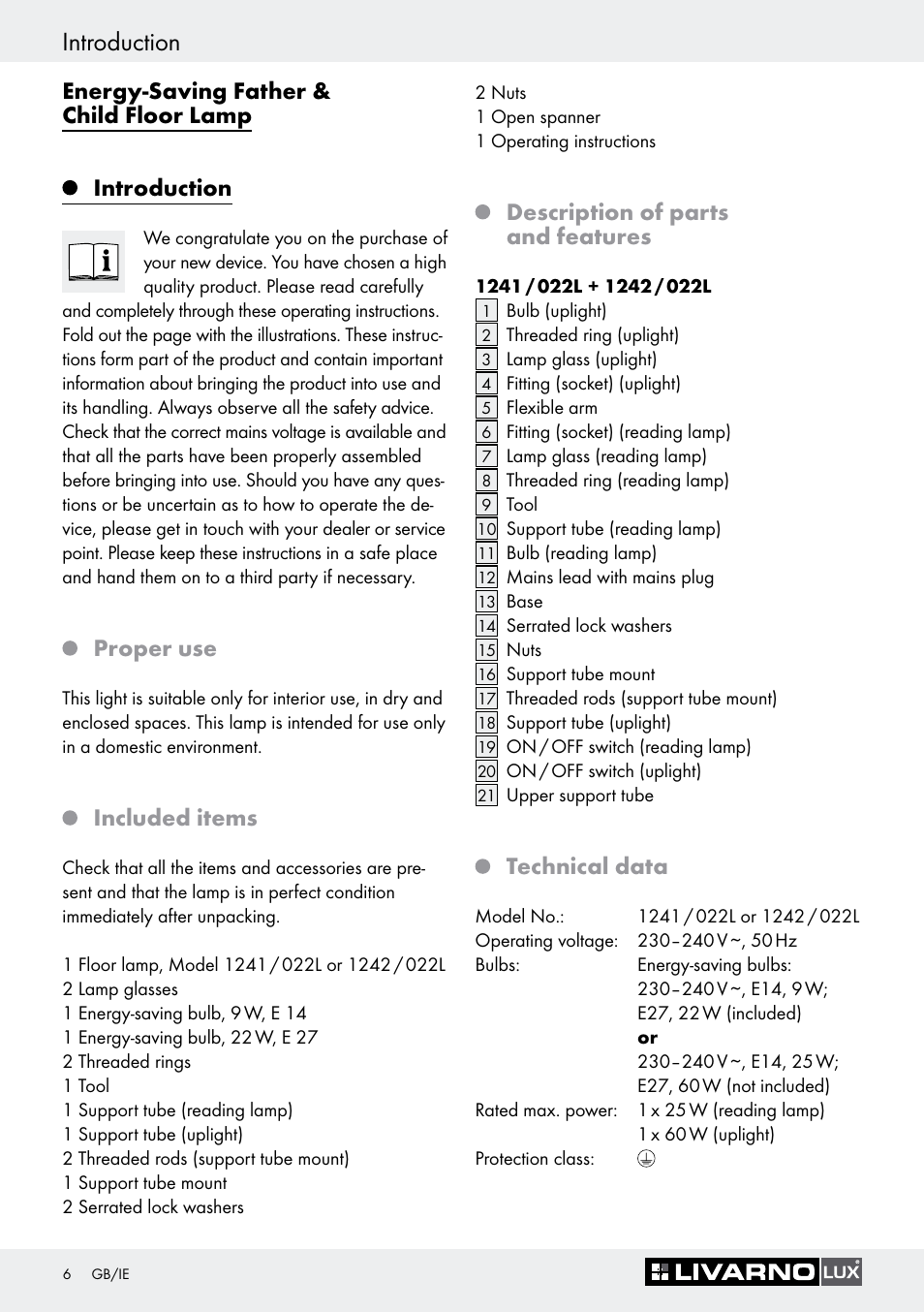 Introduction, Proper use, Included items | Description of parts and features, Technical data | Livarno 1242/022L User Manual | Page 6 / 13