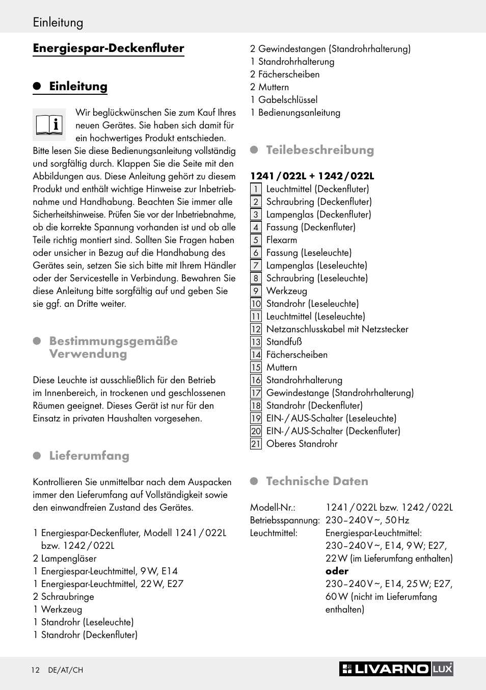 Einleitung, Bestimmungsgemäße verwendung, Lieferumfang | Teilebeschreibung, Technische daten, Einleitung / sicherheit einleitung, Energiespar-deckenfluter einleitung | Livarno 1242/022L User Manual | Page 12 / 23