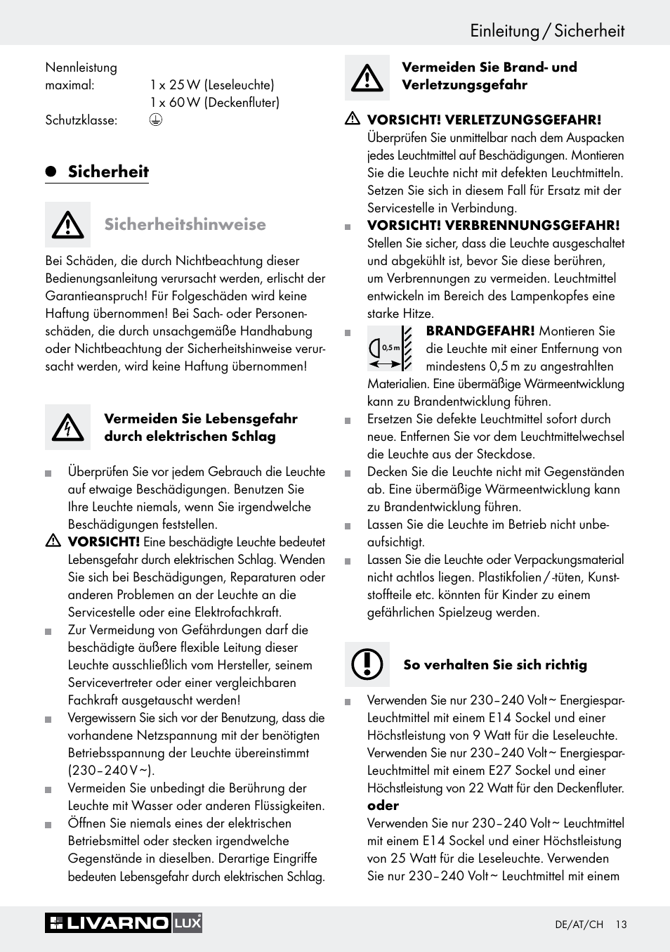 Sicherheit, Sicherheitshinweise, Einleitung / sicherheit einleitung | Sicherheit sicherheitshinweise | Livarno 1242/022L User Manual | Page 13 / 23