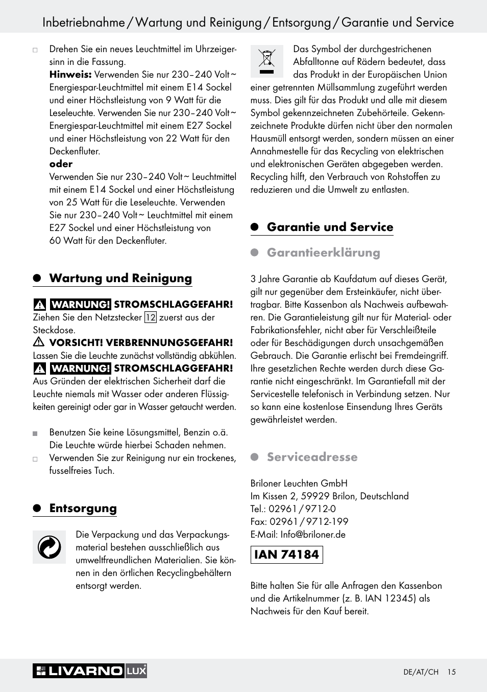 Wartung und reinigung, Entsorgung, Garantie und service | Garantieerklärung, Serviceadresse, Seite 15, Garantie und service garantieerklärung | Livarno 1242/022L User Manual | Page 15 / 23