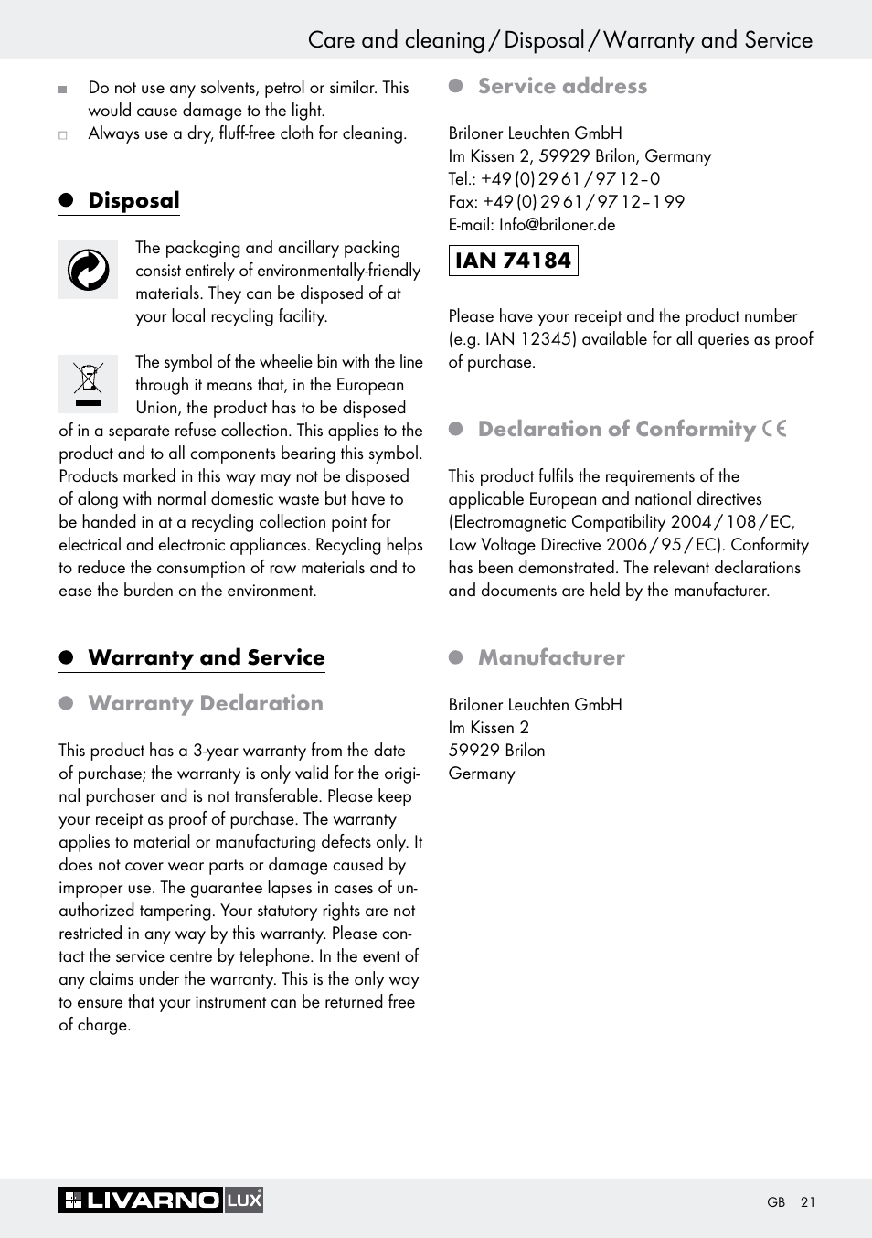 Disposal, Warranty and service, Warranty declaration | Service address, Declaration of conformity, Manufacturer, Warranty and service warranty declaration | Livarno 1242/022L User Manual | Page 21 / 23