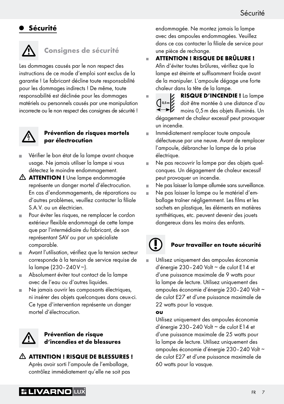 Sécurité, Consignes de sécurité, Sécurité introduction | Sécurité consignes de sécurité | Livarno 1242/022L User Manual | Page 7 / 23