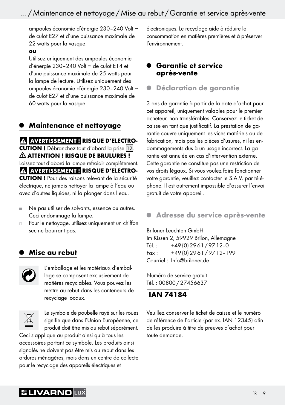 Maintenance et nettoyage, Mise au rebut, Garantie et service après-vente | Déclaration de garantie, Adresse du service après-vente, Déclaration de conformité | Livarno 1242/022L User Manual | Page 9 / 23