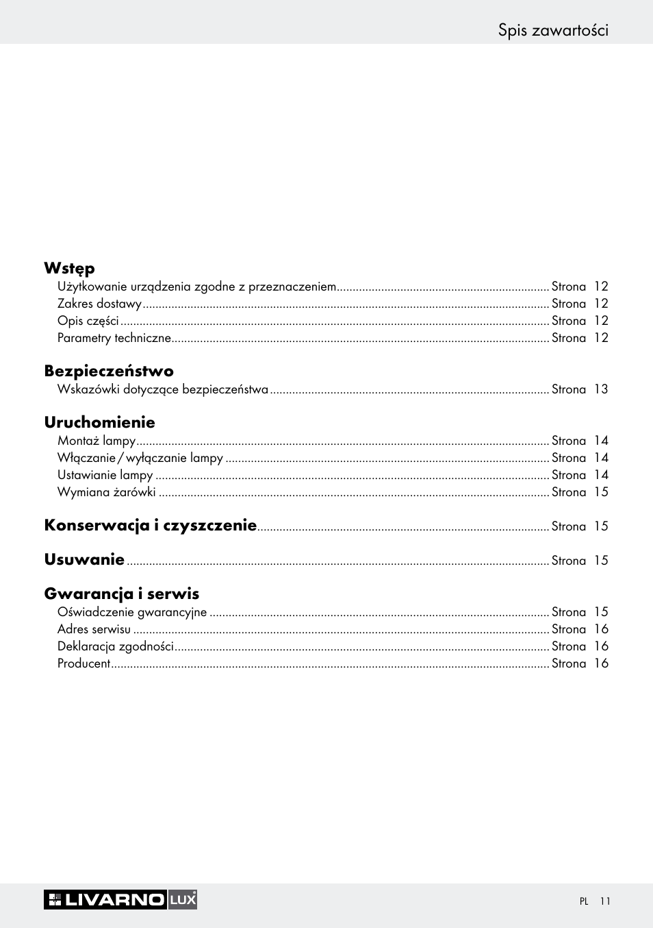 Spis zawartości | Livarno 1242/022L User Manual | Page 11 / 37