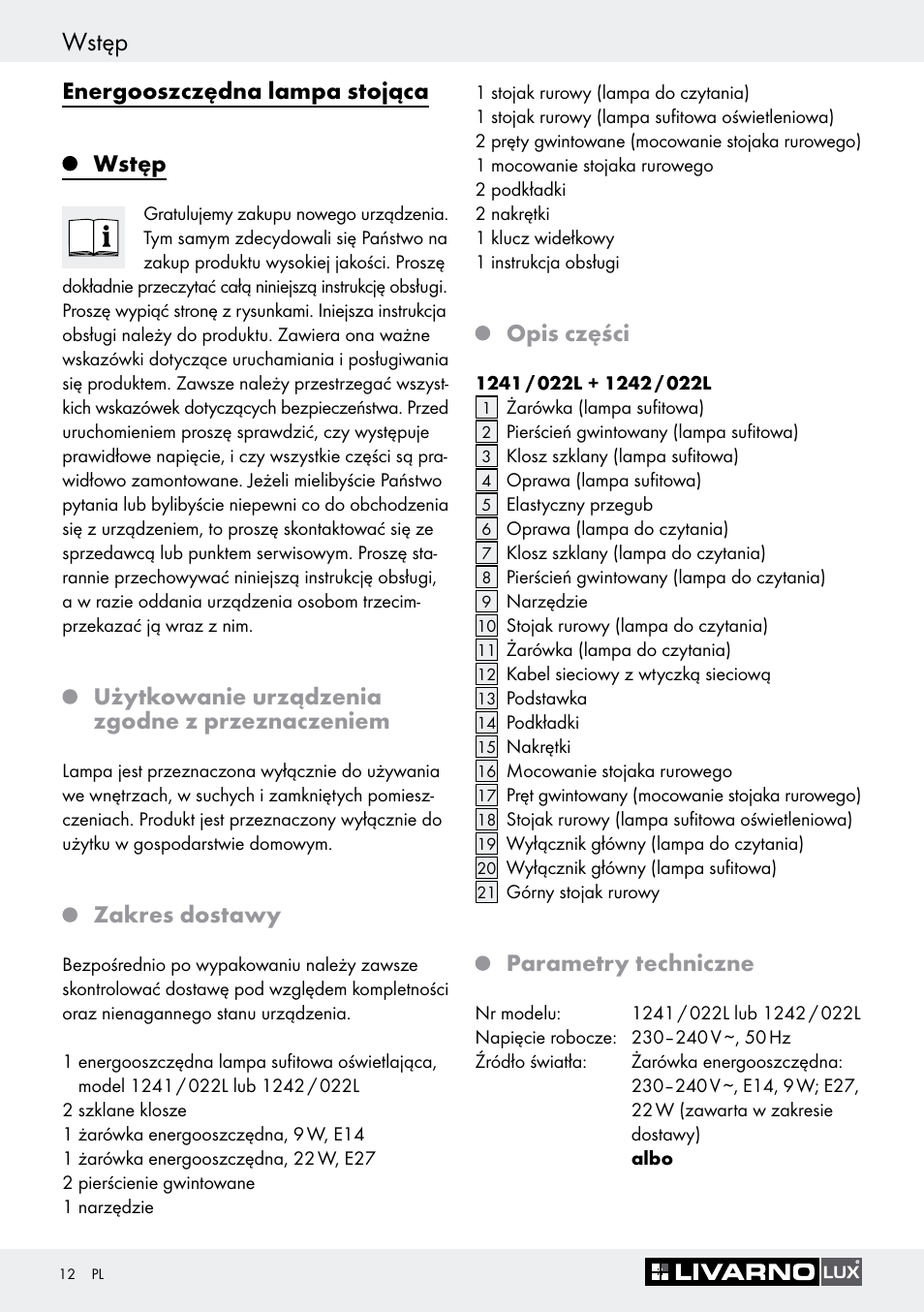 Wstęp, Użytkowanie urządzenia zgodne z przeznaczeniem, Zakres dostawy | Opis części, Parametry techniczne, Energooszczędna lampa stojąca wstęp | Livarno 1242/022L User Manual | Page 12 / 37