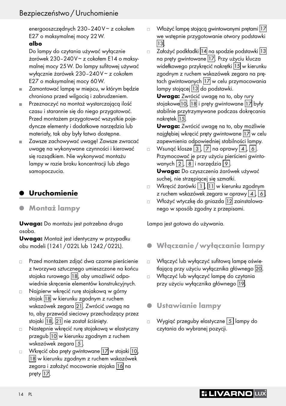 Uruchomienie, Montaż lampy, Włączanie / wyłączanie lampy | Ustawianie lampy, Bezpieczeństwo / uruchomienie, Uruchomienie montaż lampy | Livarno 1242/022L User Manual | Page 14 / 37