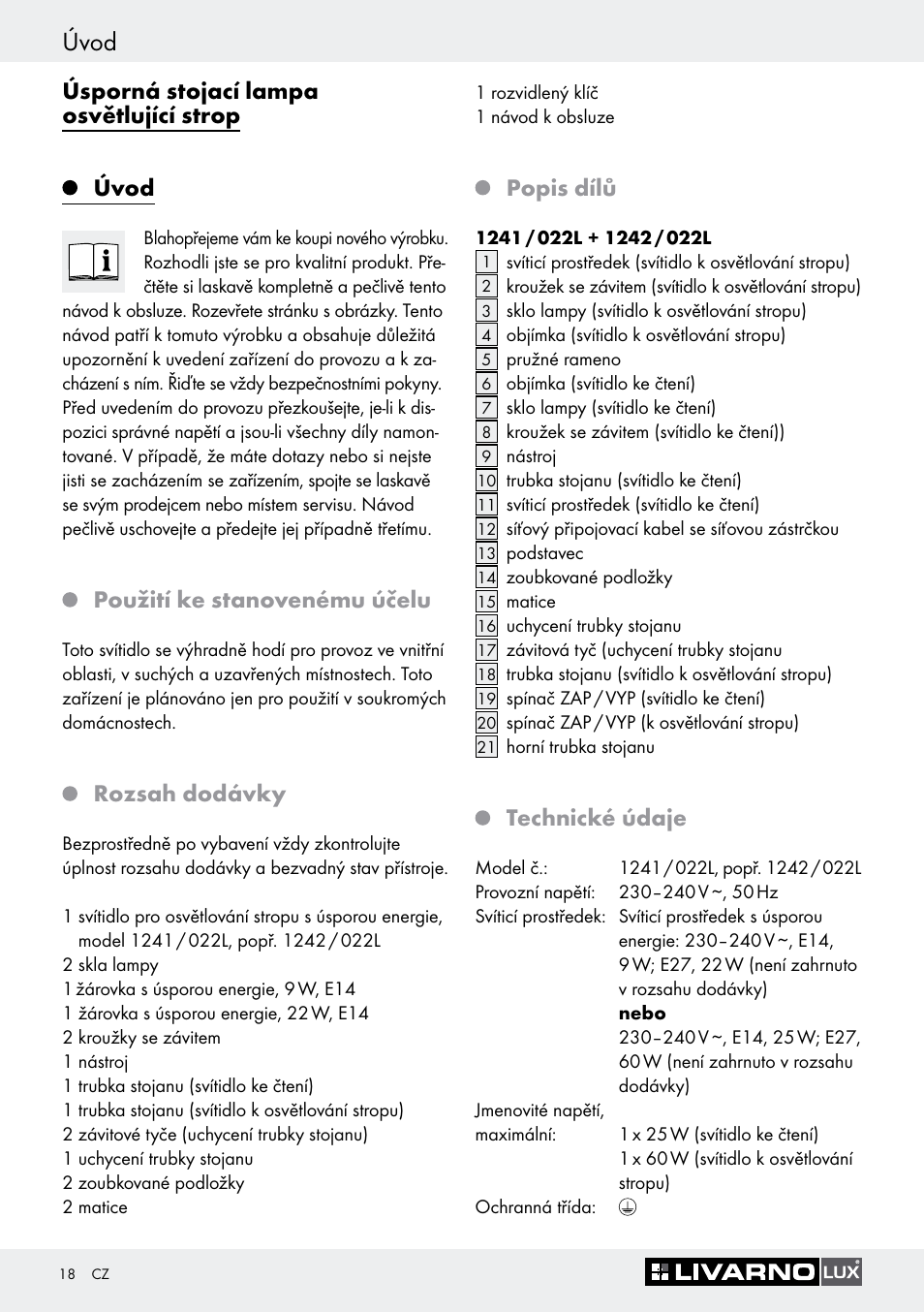 Úvod, Použití ke stanovenému účelu, Rozsah dodávky | Popis dílů, Technické údaje, Úsporná stojací lampa osvětlující strop úvod | Livarno 1242/022L User Manual | Page 18 / 37