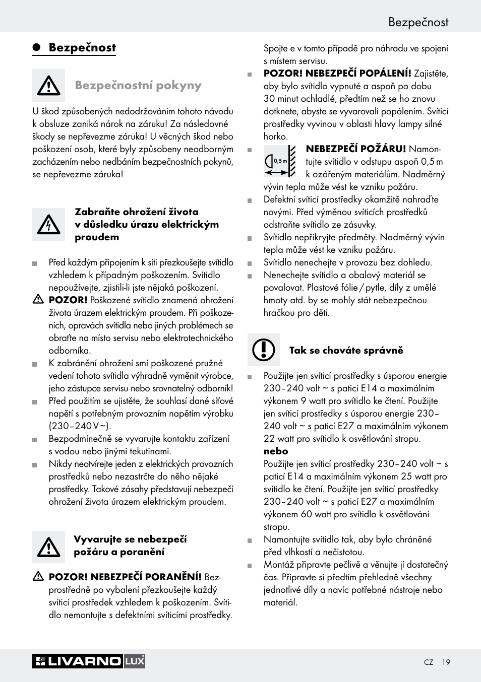 Bezpečnost, Bezpečnostní pokyny, Bezpečnost bezpečnostní pokyny | Livarno 1242/022L User Manual | Page 19 / 37