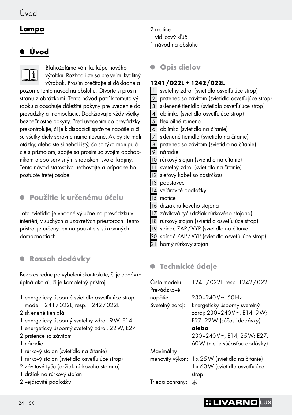 Úvod, Použitie k určenému účelu, Rozsah dodávky | Opis dielov, Technické údaje, Lampa úvod | Livarno 1242/022L User Manual | Page 24 / 37