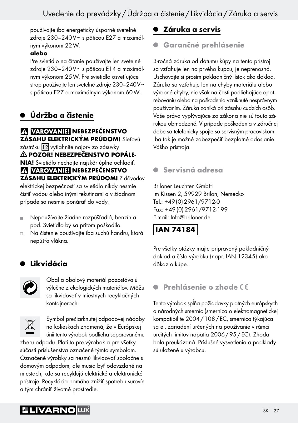 Údržba a čistenie, Likvidácia, Záruka a servis | Garančné prehlásenie, Servisná adresa, Prehlásenie o zhode, Záruka a servis garančné prehlásenie | Livarno 1242/022L User Manual | Page 27 / 37