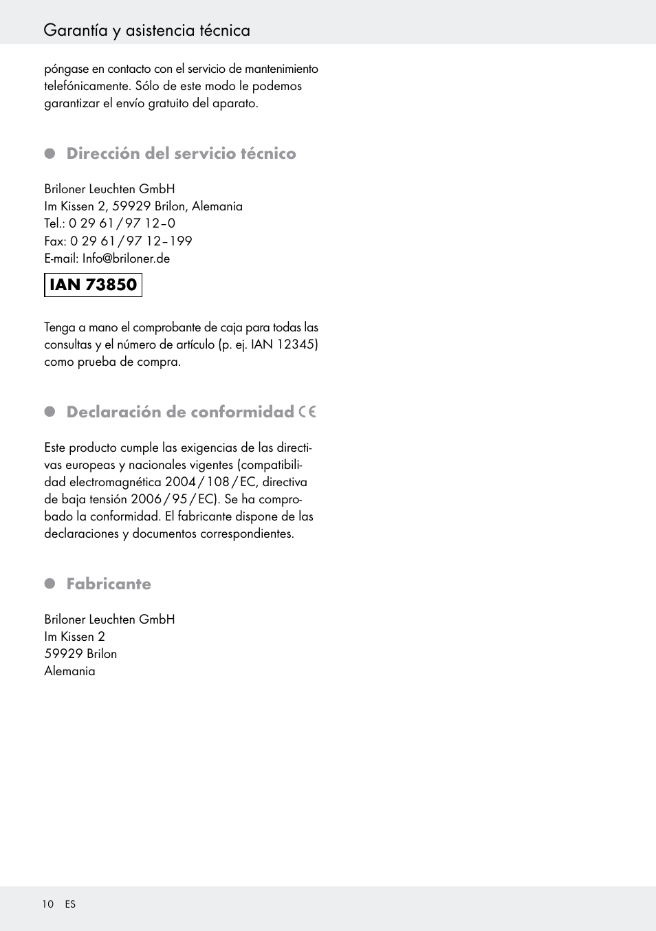 Dirección del servicio técnico, Declaración de conformidad, Fabricante | Garantía y asistencia técnica | Livarno 6401–186L User Manual | Page 10 / 25