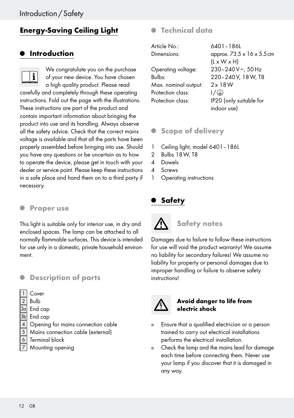 Introduction, Proper use, Description of parts | Technical data, Scope of delivery, Safety, Safety notes, Introduction / safety, Energy-saving ceiling light introduction | Livarno 6401–186L User Manual | Page 12 / 25