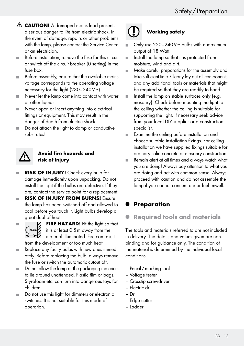 Preparation, Required tools and materials, Safety / preparation | Preparation required tools and materials | Livarno 6401–186L User Manual | Page 13 / 25