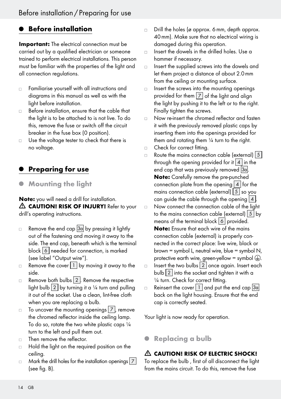 Before installation, Preparing for use, Mounting the light | Replacing a bulb, Before installation / preparing for use, Preparing for use mounting the light | Livarno 6401–186L User Manual | Page 14 / 25