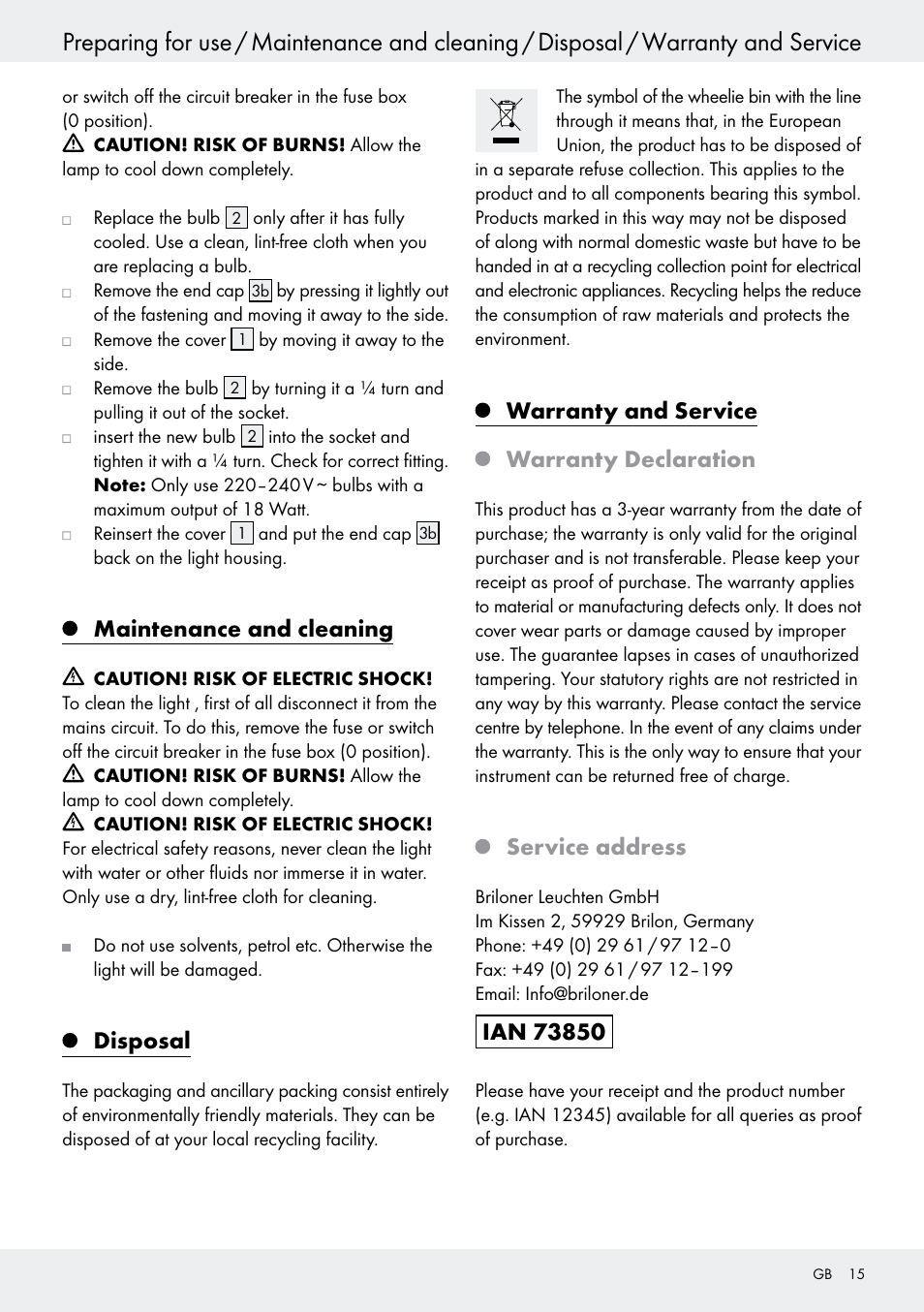 Maintenance and cleaning, Disposal, Warranty and service | Warranty declaration, Service address, Warranty and service warranty declaration | Livarno 6401–186L User Manual | Page 15 / 25