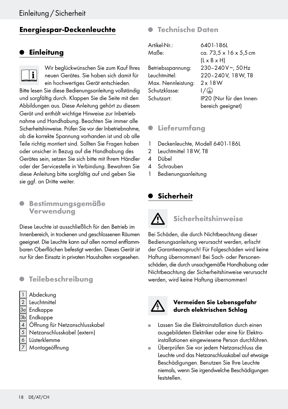 Einleitung, Bestimmungsgemäße verwendung, Teilebeschreibung | Technische daten, Lieferumfang, Sicherheit, Sicherheitshinweise, Einleitung / sicherheit, Energiespar-deckenleuchte einleitung, Sicherheit sicherheitshinweise | Livarno 6401–186L User Manual | Page 18 / 25