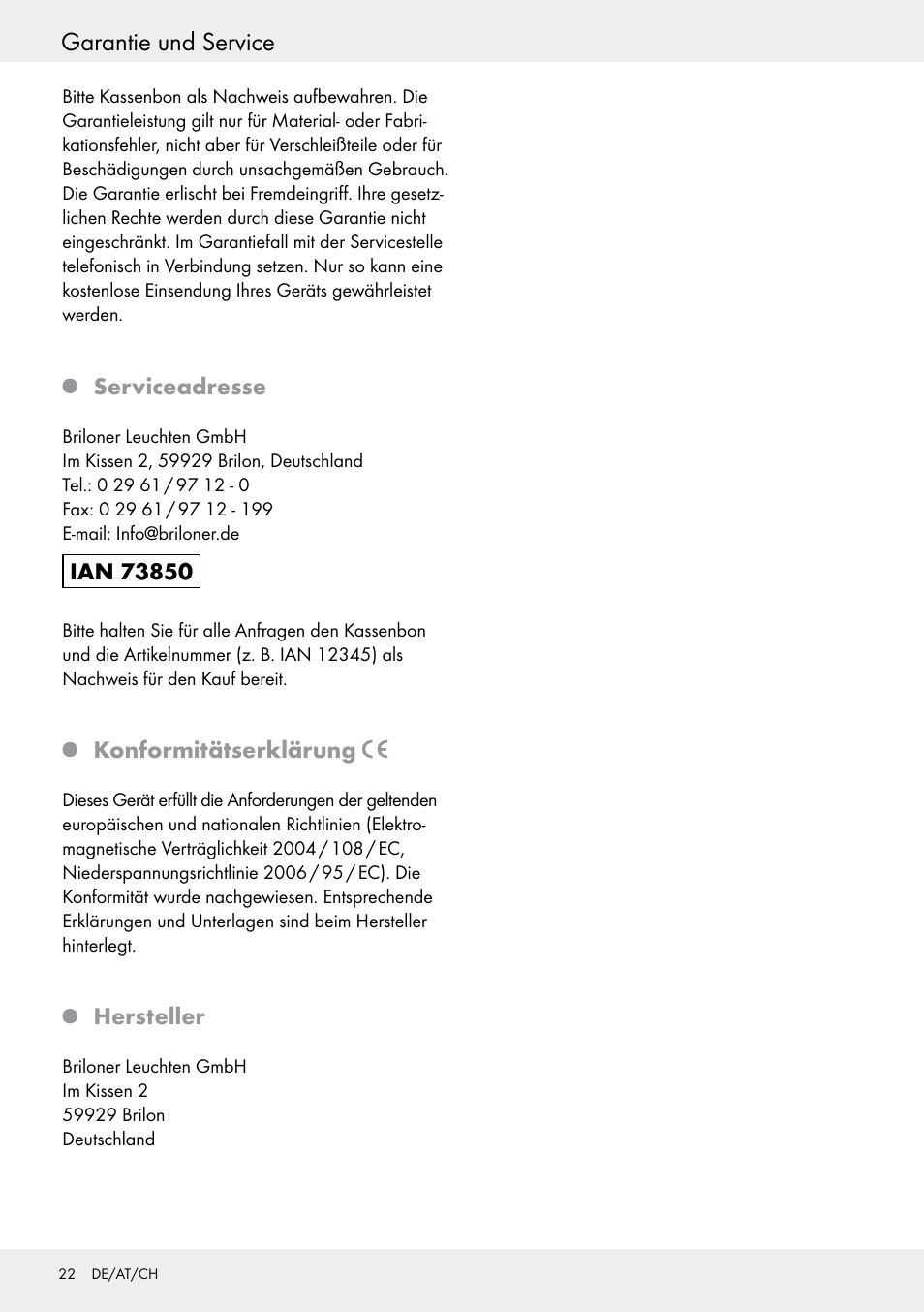 Serviceadresse, Konformitätserklärung, Hersteller | Garantie und service | Livarno 6401–186L User Manual | Page 22 / 25