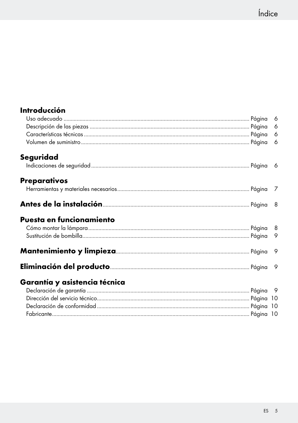 Índice | Livarno 6401–186L User Manual | Page 5 / 25