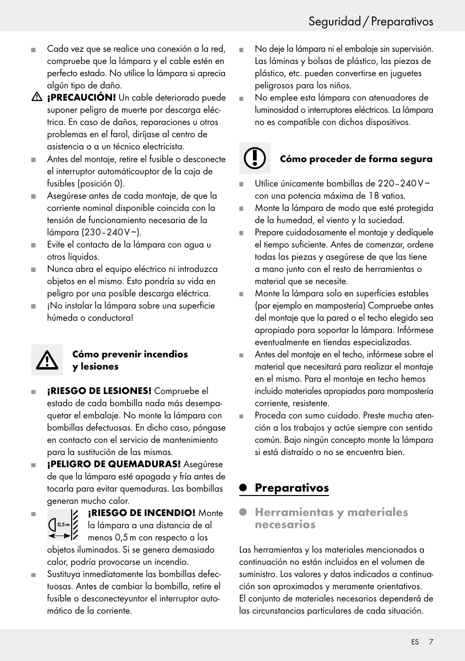 Preparativos, Herramientas y materiales necesarios, Seguridad / preparativos | Preparativos herramientas y materiales necesarios | Livarno 6401–186L User Manual | Page 7 / 25