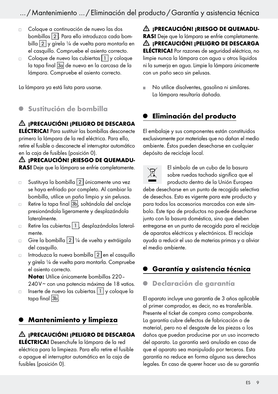 Sustitución de bombilla, Mantenimiento y limpieza, Eliminación del producto | Garantía y asistencia técnica, Declaración de garantía | Livarno 6401–186L User Manual | Page 9 / 25