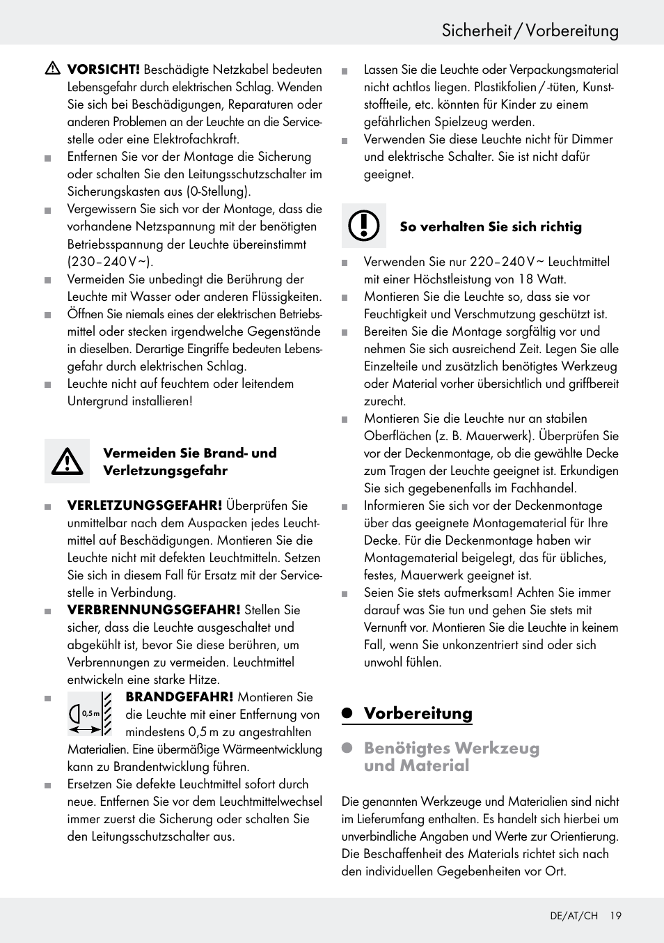 Vorbereitung, Benötigtes werkzeug und material, Sicherheit / vorbereitung | Vorbereitung benötigtes werkzeug und material | Livarno 6401–186L User Manual | Page 19 / 25