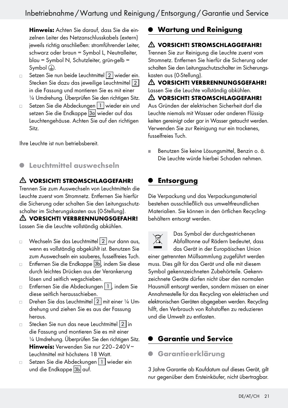 Leuchtmittel auswechseln, Wartung und reinigung, Entsorgung | Garantie und service, Garantieerklärung, Seite 21, Garantie und service garantieerklärung | Livarno 6401–186L User Manual | Page 21 / 25