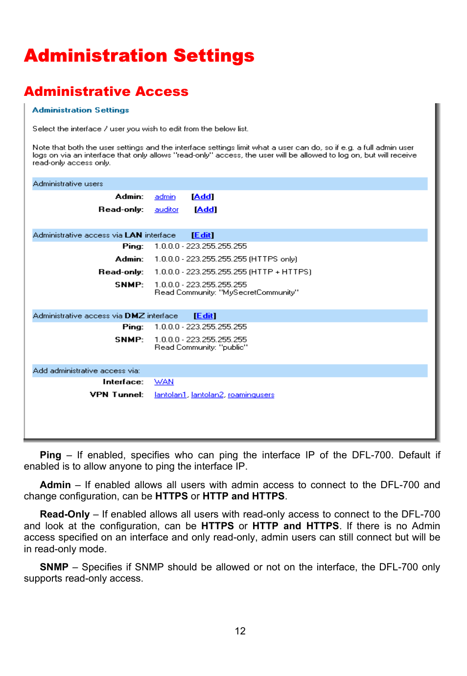 Administration settings, Administrative access | D-Link DFL-700 User Manual | Page 12 / 141