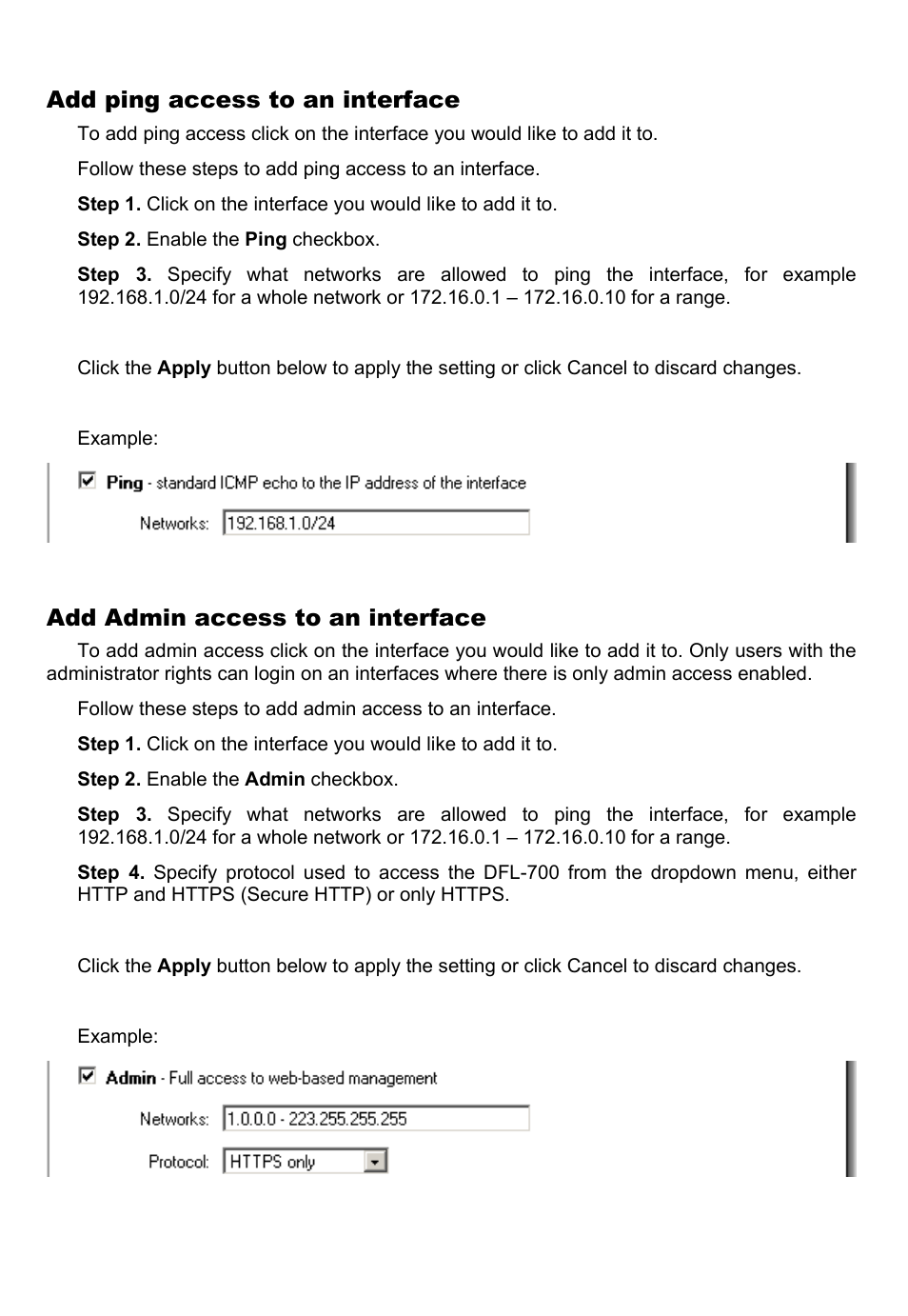 Add ping access to an interface, Add admin access to an interface | D-Link DFL-700 User Manual | Page 13 / 141