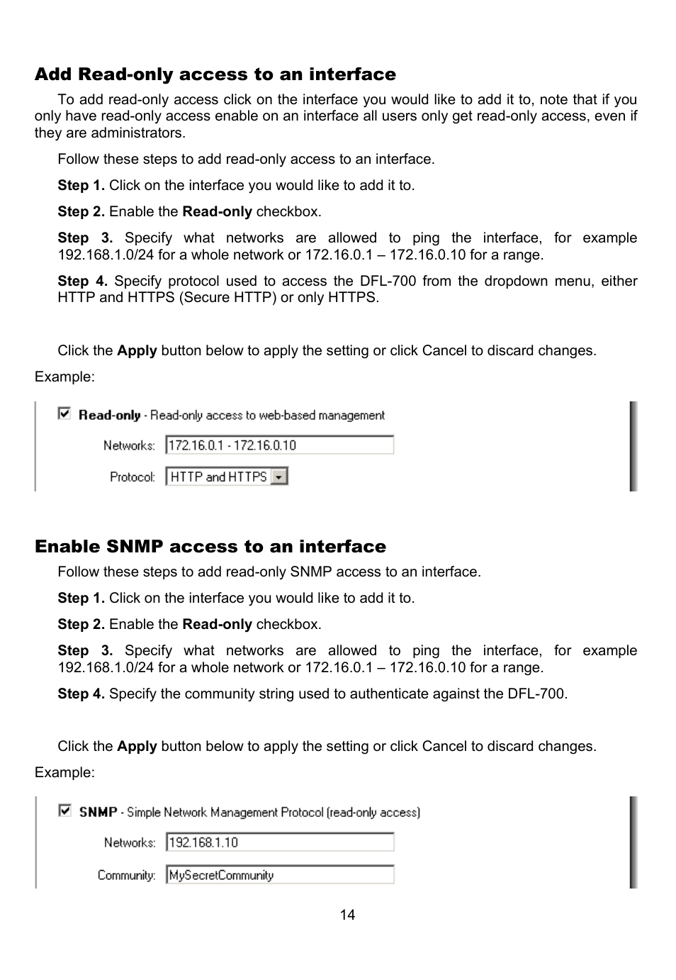Add read-only access to an interface, Enable snmp access to an interface | D-Link DFL-700 User Manual | Page 14 / 141